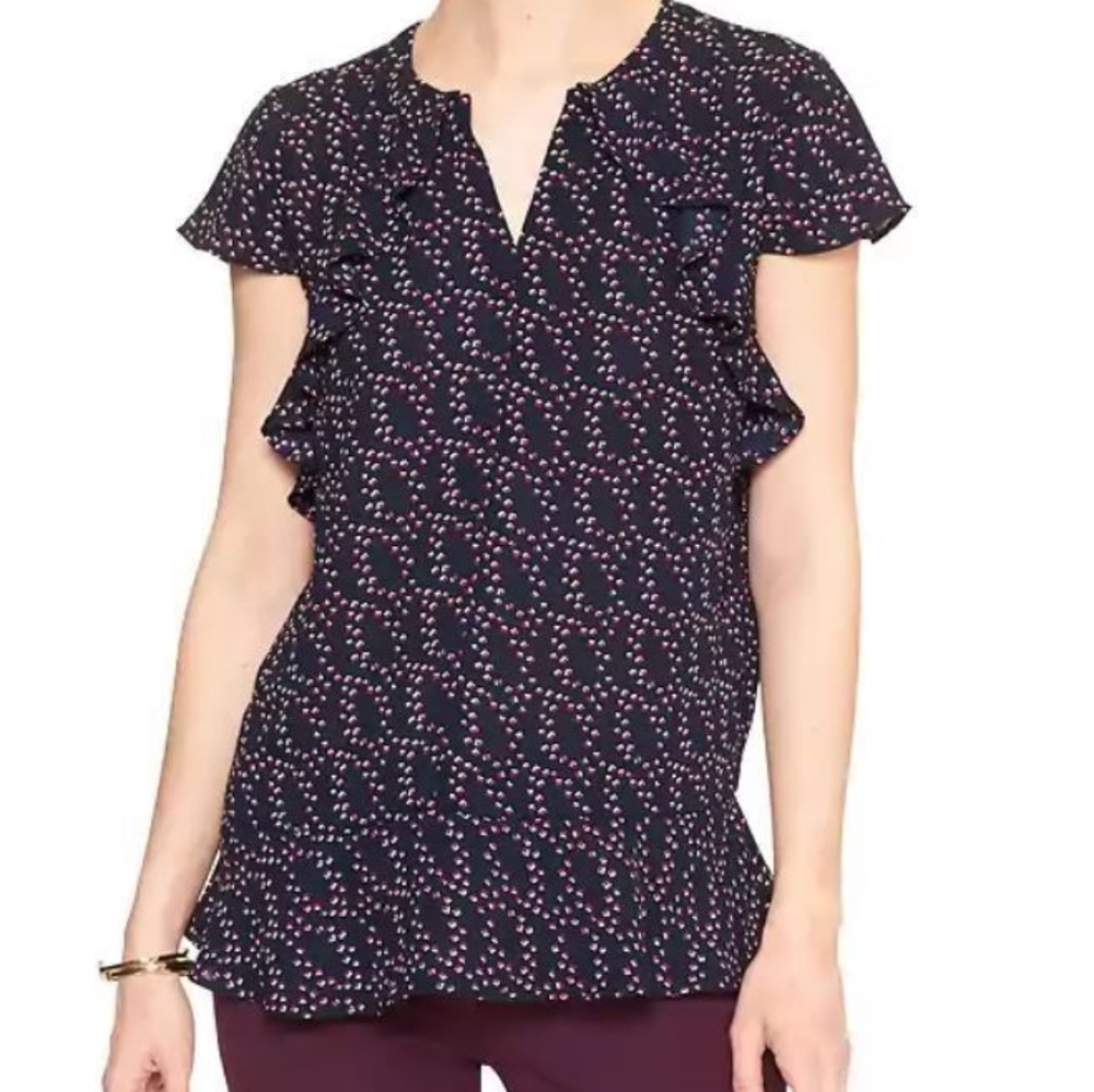 Banana Republic Blouse Cap Sleeve Flowy Ruffle Black Red Size L